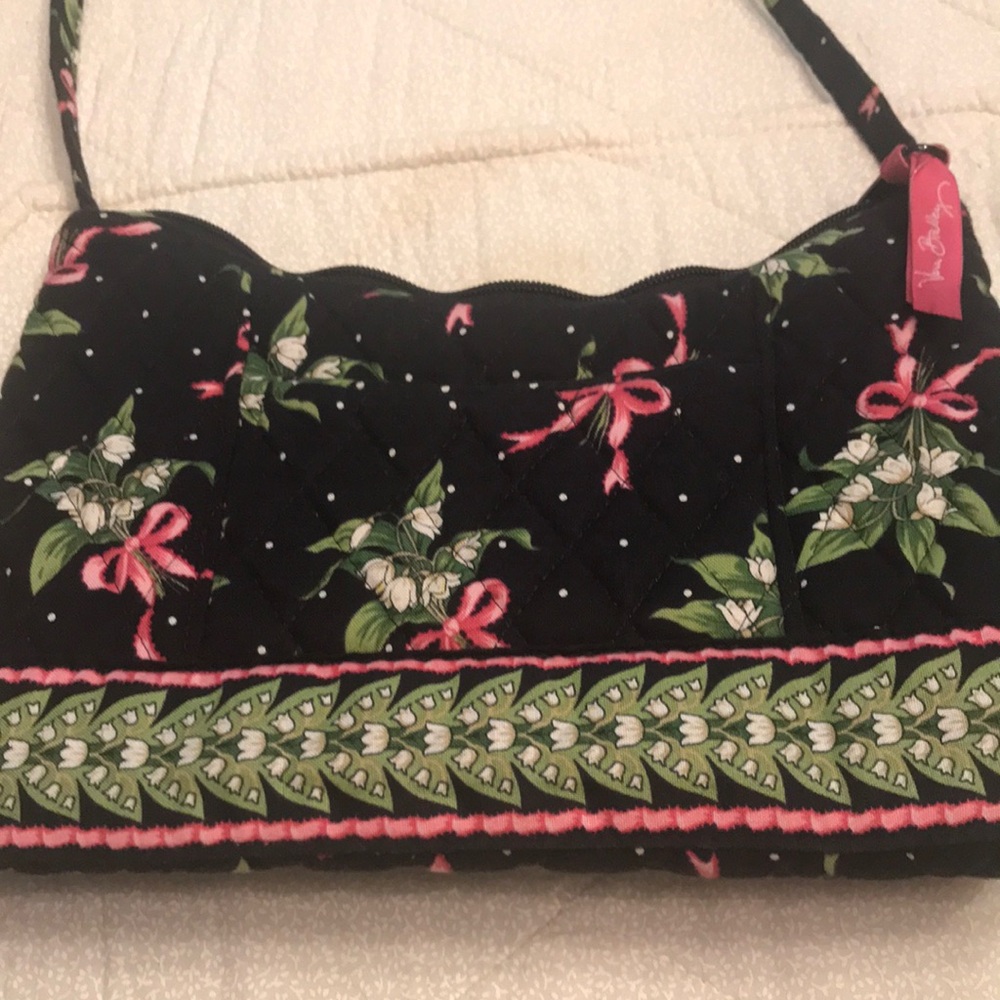 Vera Bradley Black Floral Quilted Crossbody with Pink Bows